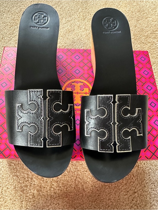 Tory Burch Shoes - Tory Burch Ines 80mm Wedge Slide - Black/Silver - Size 9